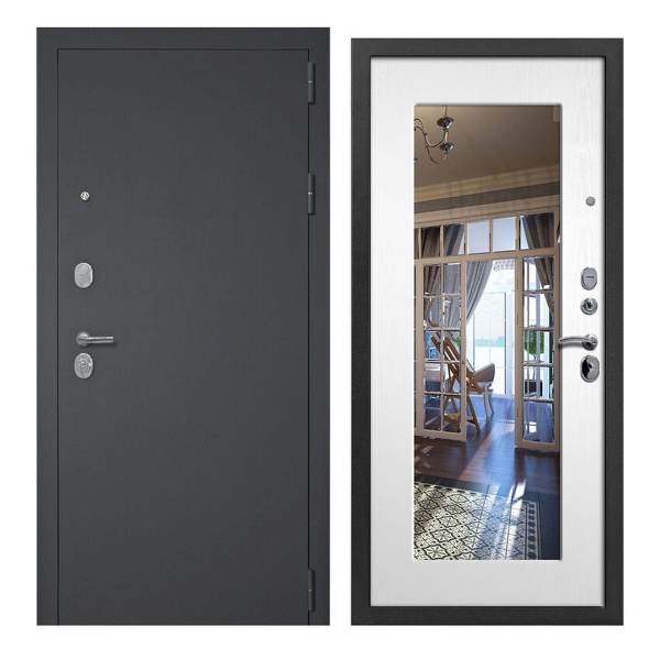 Купить Дверь металлическая 3К Модерн черный муар с блестками/ ясень белый ЗЕРКАЛО 860/L